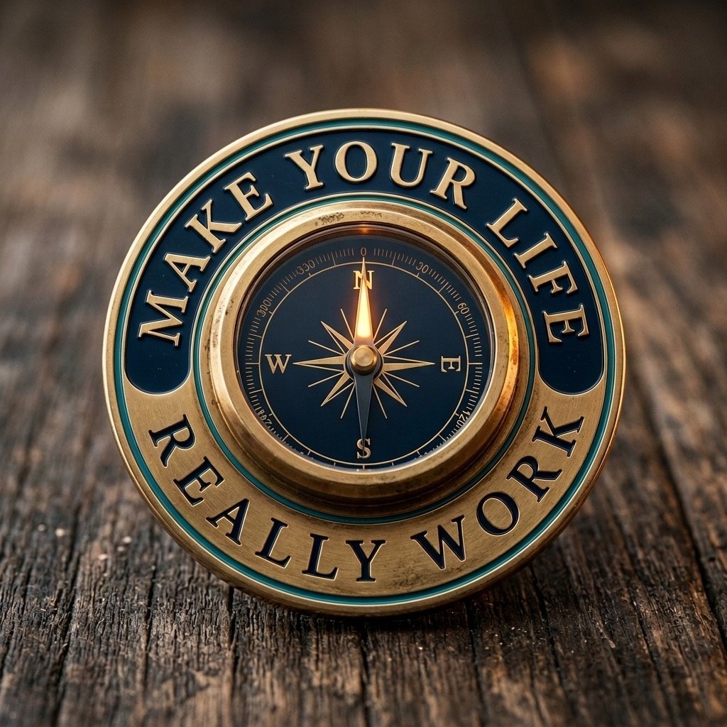 Brass compass with a glowing needle, engraved Make Your Life Really Work